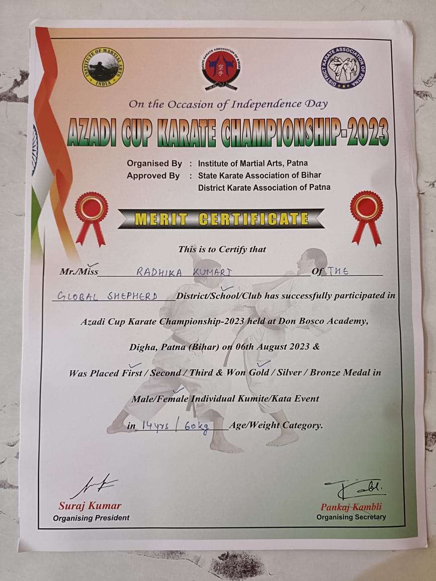 On 07-Aug-2023, Venue at Don Bosco Academy, Patna, ग्लोबल शेफर्ड स्कूल के बच्चों ने पटना में आयोजित राज्य स्तरीय मार्शल आर्ट चैंपियनशिप में लहराया परचम, *1 स्वर्ण , 2 रजत और 1 कांस्य पदक* अपने नाम किया।