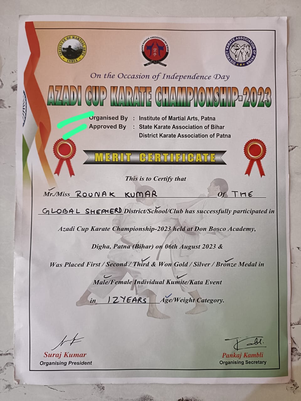 On 07-Aug-2023, Venue at Don Bosco Academy, Patna, ग्लोबल शेफर्ड स्कूल के बच्चों ने पटना में आयोजित राज्य स्तरीय मार्शल आर्ट चैंपियनशिप में लहराया परचम, *1 स्वर्ण , 2 रजत और 1 कांस्य पदक* अपने नाम किया।