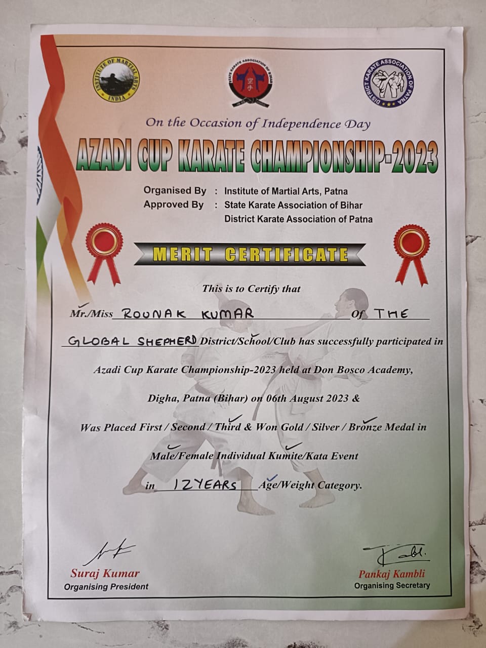 On 07-Aug-2023, Venue at Don Bosco Academy, Patna, ग्लोबल शेफर्ड स्कूल के बच्चों ने पटना में आयोजित राज्य स्तरीय मार्शल आर्ट चैंपियनशिप में लहराया परचम, *1 स्वर्ण , 2 रजत और 1 कांस्य पदक* अपने नाम किया।