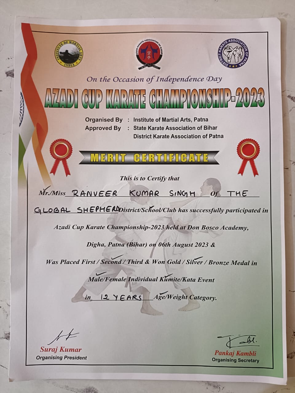 On 07-Aug-2023, Venue at Don Bosco Academy, Patna, ग्लोबल शेफर्ड स्कूल के बच्चों ने पटना में आयोजित राज्य स्तरीय मार्शल आर्ट चैंपियनशिप में लहराया परचम, *1 स्वर्ण , 2 रजत और 1 कांस्य पदक* अपने नाम किया।